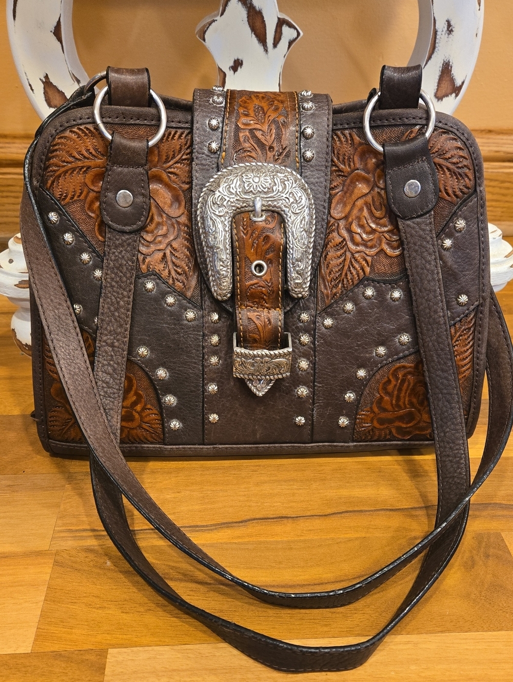 Vintage Texas Leather Manufacturing Western Hand Tooled Brown Leather Satchel